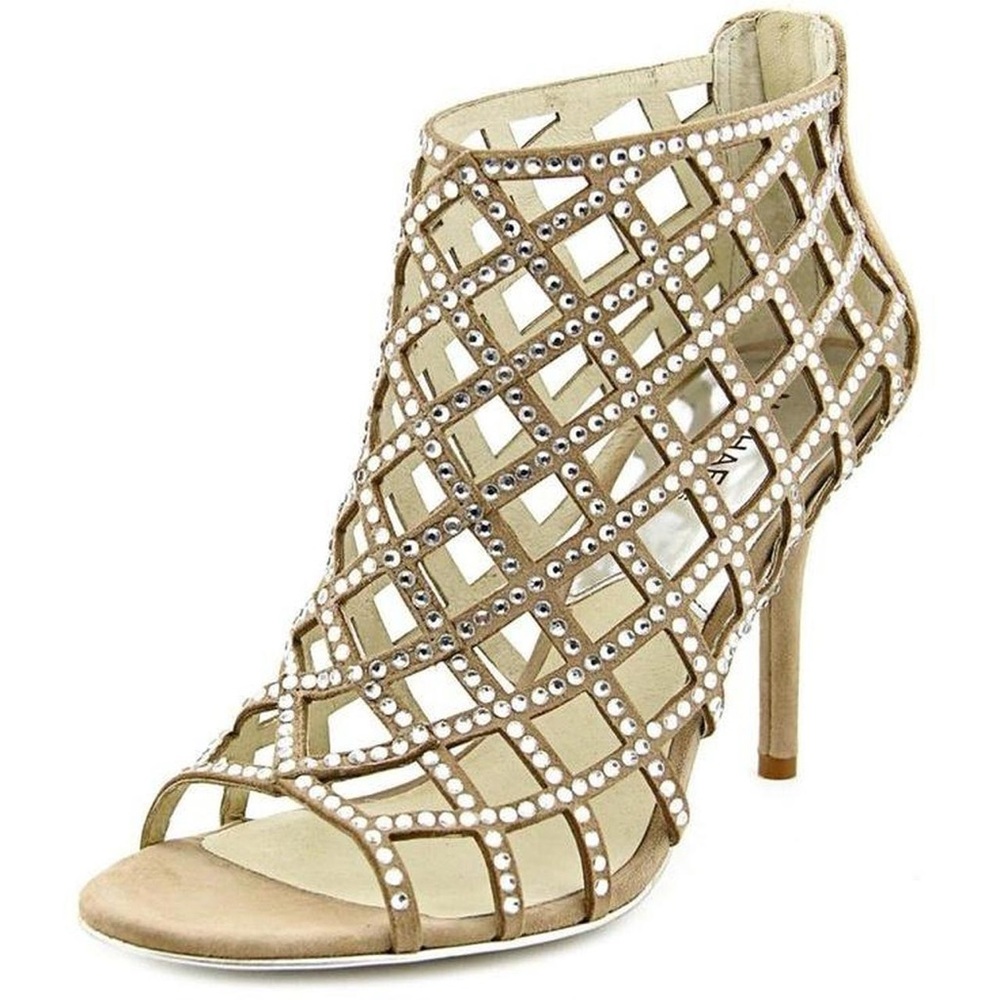 Michael Kors Women's Yvonne Booties Khaki Rhinestone-Embellished Caged Shoe 9M